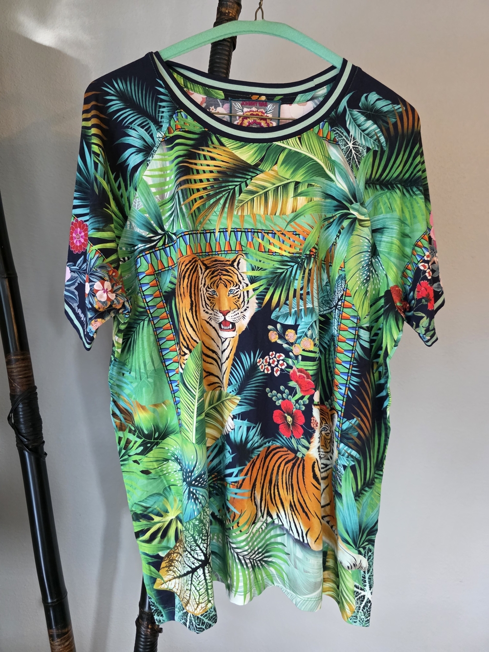 NWT Johnny Was Floral Tiger Patch V-Neck Blouse - Green, Pink & Black, Large